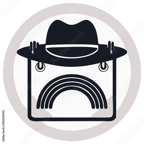 Stylized illustration of a fedora hat perched on a sad face with rainbow