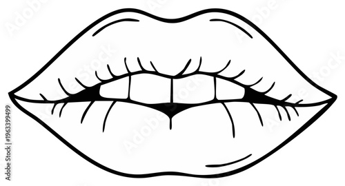Stylized Black and White Line Art Drawing of Sensual Lips with Teeth Exposed