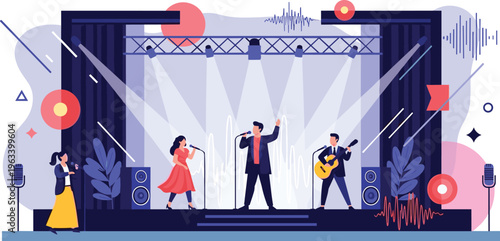 Live Music Concert Illustration with Band Performance, Singers, Guitarist, Stage Lighting, Sound System, and Entertainment Event Scene for Festival and Show Design