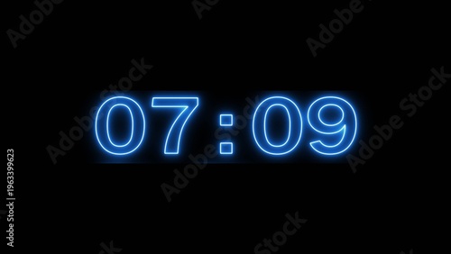Neon clock timer illustration. Timer clock on black background. stopwatch countdown clock. 