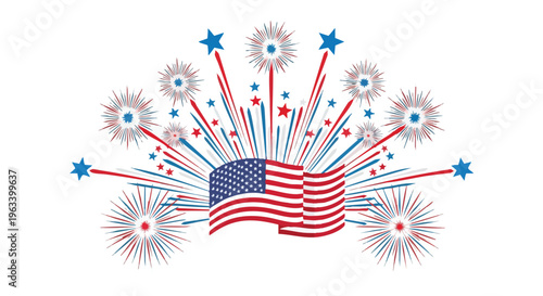 Graphic illustration of a waving American flag surrounded by fireworks and stars on a white background with patriotic red, white, and blue colors.