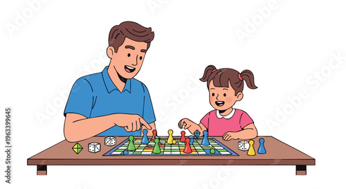 A man and a young girl playing a board game together on a wooden table with colorful pieces and a green game board.