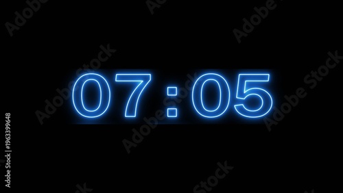 Neon clock timer illustration. Timer clock on black background. stopwatch countdown clock. 
