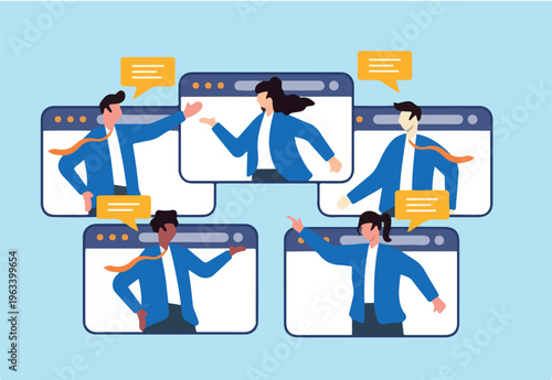 Flat illustration of diverse business people in online meeting communicating via video conference windows and chat bubbles