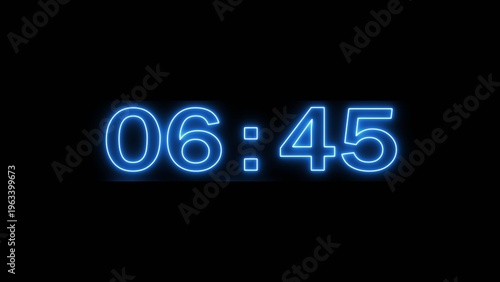 Neon clock timer illustration. Timer clock on black background. stopwatch countdown clock. 