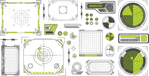 Futuristic HUD Interface Elements with Radar Screens, Target Frames, Digital Panels, Sci Fi Dashboard Components, and Green Technology UI Design Kit