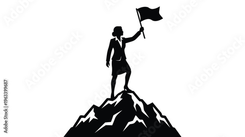 Business leader achieves peak success, planting a flag on a mountain summit, symbolizing triumph, ambition, and strong leadership