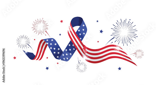 Illustration of a ribbon in American flag colors with fireworks and stars on a white background.