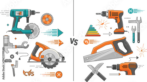 Power Tools Comparison Illustration with Electric Drill, Circular Saw, Hand Saw, Wrench, and Hardware Equipment Icons for Construction and DIY Tool Selection Guide