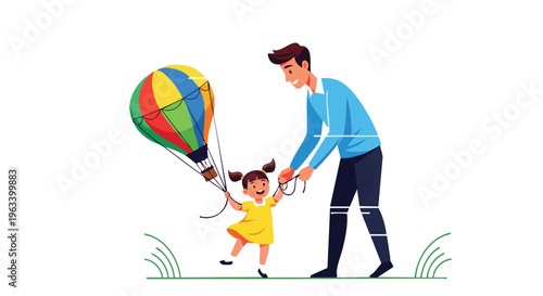 A man holding a little girl's hand and a colorful hot air balloon on a green field against a clean white background with a joyful mood.