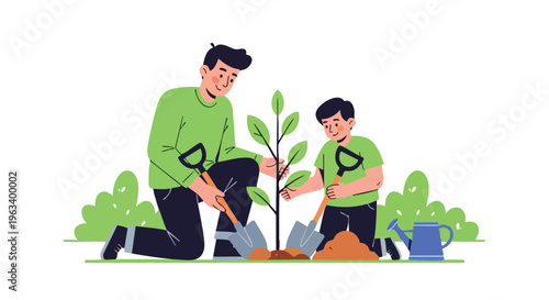 Illustration of a man and a boy planting a tree in a garden with green plants around them on a white background.