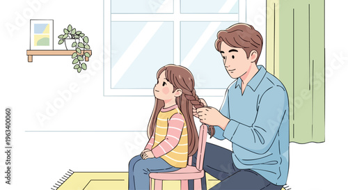 A man braids a young girl's hair in a cozy room with a window and green curtain.
