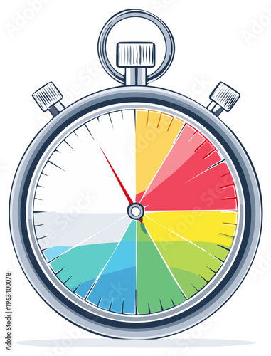 Stopwatch with colorful segments on dial representing time management or concept of time