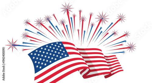 Illustration of a waving American flag with red, white, and blue fireworks exploding behind it on a white background, conveying a festive and patriotic mood.
