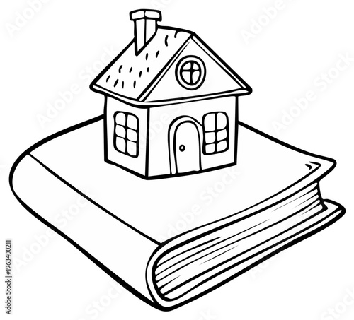 Hand drawn illustration of a small house perched on an open book symbolizing knowledge and home