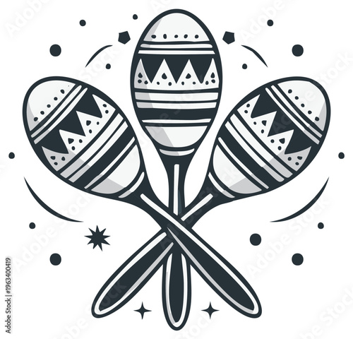 Hand-Drawn Crossed Maracas Depicting Percussion Instrument with Unique Ethnic Design and Rhythmic Musical Quality in Monochromatic Style