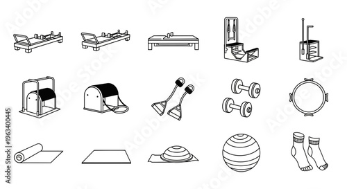 Set of Pilates and Fitness Equipment Icons