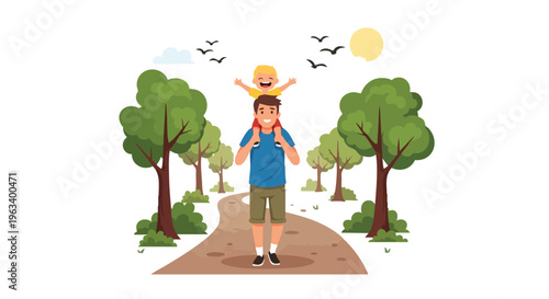 Illustration of a man carrying a child on his shoulders walking on a dirt path in a forest with trees and birds flying overhead on a sunny day.