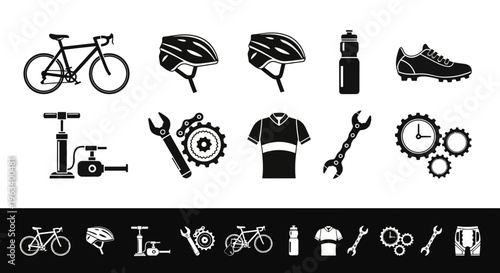 Set of Cycling Equipment and Bicycle Repair Icons
