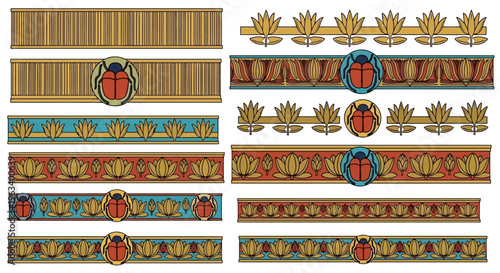 Ancient Egyptian Papyrus Borders and Sacred Lotus Flower Vector Frames