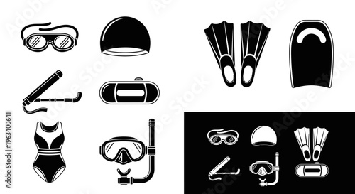 Swimming and Diving Equipment Icons Set