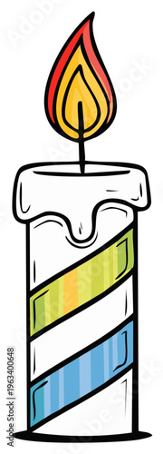 Festive striped candle burning bright with glowing flame, celebration, holiday spirit and wax drippings