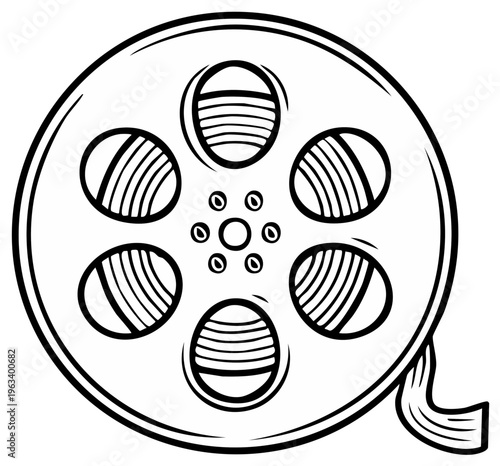 Classic black and white illustration of a film reel with trailing cinematic strip