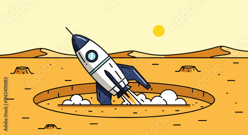 a cartoon rocket launch for space exploration from a mars crater symbolizing new beginnings ambition and future success.