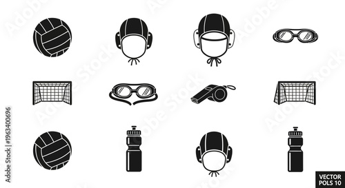 Water Polo Equipment Icons Set
