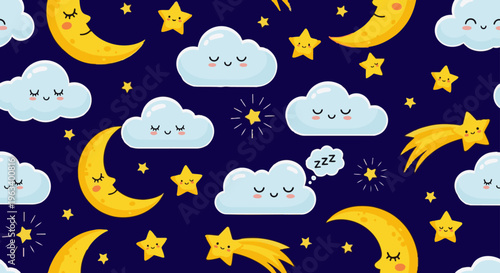 cute seamless pattern of sleeping clouds crescent moons and stars on a night sky perfect for kids bedroom design.