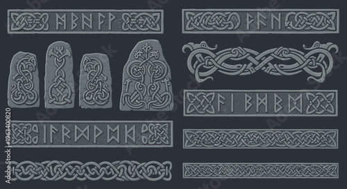 Nordic Runestone Knotwork and Viking Serpent Vector Ornaments