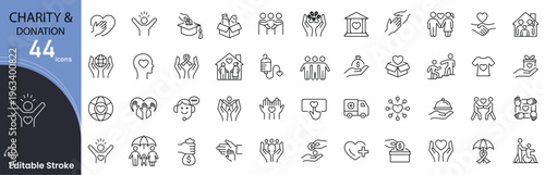 Charity and donation icons set representing giving, support, help, volunteer, community aid, fundraising, kindness and social contribution in clean outline style.