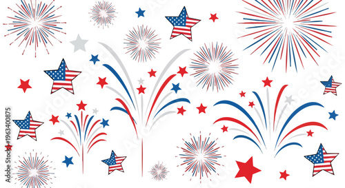 Vibrant illustration of red, white, and blue fireworks, stars, and American flags on a white background, conveying a festive and patriotic mood.