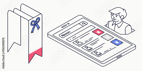 Modern interface design elements, 3D ribbon UI, smartphone with app icons, and a user interacting with a mobile device in a minimalist style, for web and mobile application design.