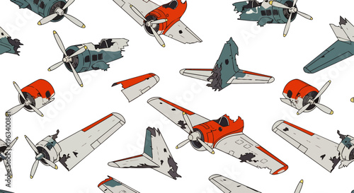 scattered vintage aircraft wreckage and damaged plane parts illustrate a crash or war aftermath on a white background useful for aviation history