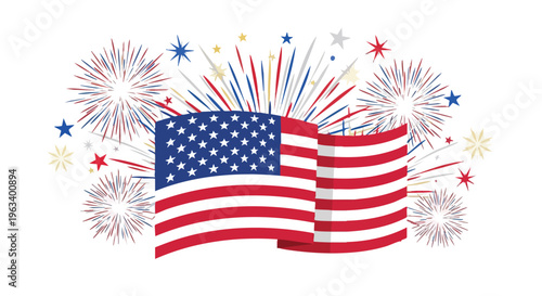 American flag waving with colorful fireworks exploding in the background on a white background.