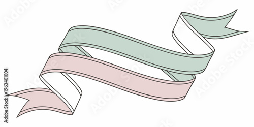 Soft pink and green curved ribbon set with minimal design elements and subtle shadows, ideal for decoration and design projects.