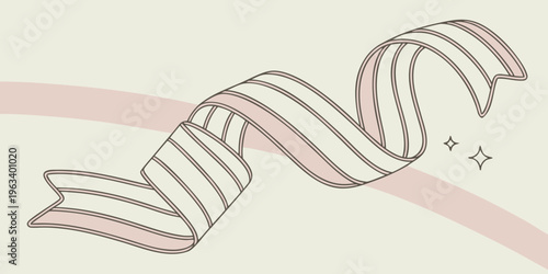 A minimalist graphic illustration of a layered, curved ribbon set with soft shadows, featuring a pink and white striped design on a pale background, perfect for decoration or branding.