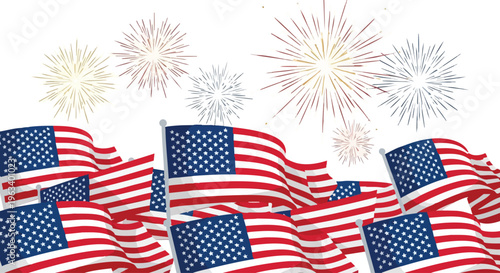 Waving American flags with fireworks exploding in the background on a white backdrop for Independence Day celebrations.