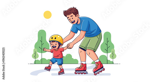 A man in a blue shirt helps a young child wearing a yellow helmet to stand on roller skates outdoors in a sunny park.