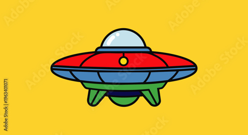 a vibrant cartoon ufo flying saucer illustration depicting alien technology on a bright yellow background ideal for kids content or sci-fi themes.
