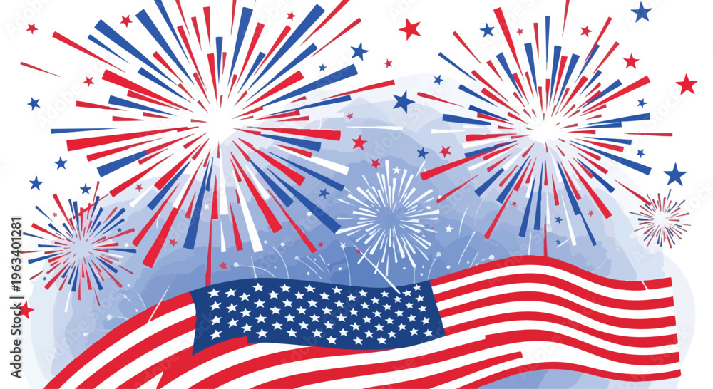Obraz premium Illustration of red white and blue fireworks exploding behind a waving American flag with stars on a light blue background.