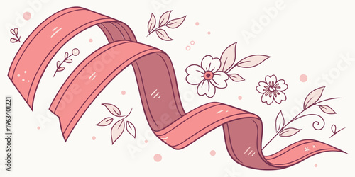 Soft pink ribbon set with floral elements and minimal design, ideal for decorative purposes, featuring curved ribbons and subtle shadows on a white background.