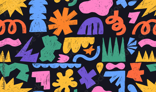 Abstract seamless pattern geometric shapes, star, arch, cloud, grunge figures drawn by crayon set. Kids doodle figures, squiggly, arrow, crown, flower, elements. Native abstract design aesthetic.