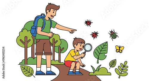 Illustration of a man and a child exploring a forest path with a magnifying glass and observing insects and butterflies.
