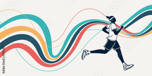 Dynamic illustration of a runner in motion with fluid colorful ribbon wave composition