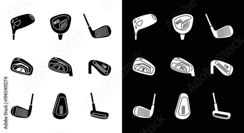 Set of Golf Club Icons in Black and White