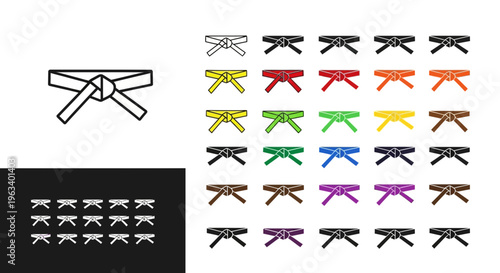 Set of Martial Arts Karate Belts Icons in Various Colors