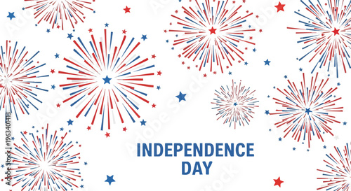 Vibrant red, white, and blue fireworks exploding on a white background with Independence Day text in blue, conveying a festive and patriotic mood.