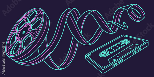 Neon glowing 3D ribbon shapes forming futuristic curves, film reel and cassette tape, abstract technology and music concept with purple and blue lines on dark background.